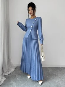 Elenzga Gaun Panjang Lipit Wanita Model Slim Fit Elegan Vintage dengan Kancing Diagonal dan Hiasan Mutiara, Cocok untuk Musim Semi/Gugur - Biru - View 5
