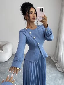 Elenzga Gaun Panjang Lipit Wanita Model Slim Fit Elegan Vintage dengan Kancing Diagonal dan Hiasan Mutiara, Cocok untuk Musim Semi/Gugur - Biru - View 4