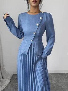 Elenzga Gaun Panjang Lipit Wanita Model Slim Fit Elegan Vintage dengan Kancing Diagonal dan Hiasan Mutiara, Cocok untuk Musim Semi/Gugur - Biru - View 9