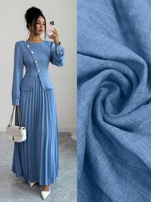 Elenzga Gaun Panjang Lipit Wanita Model Slim Fit Elegan Vintage dengan Kancing Diagonal dan Hiasan Mutiara, Cocok untuk Musim Semi/Gugur - Biru - View 1