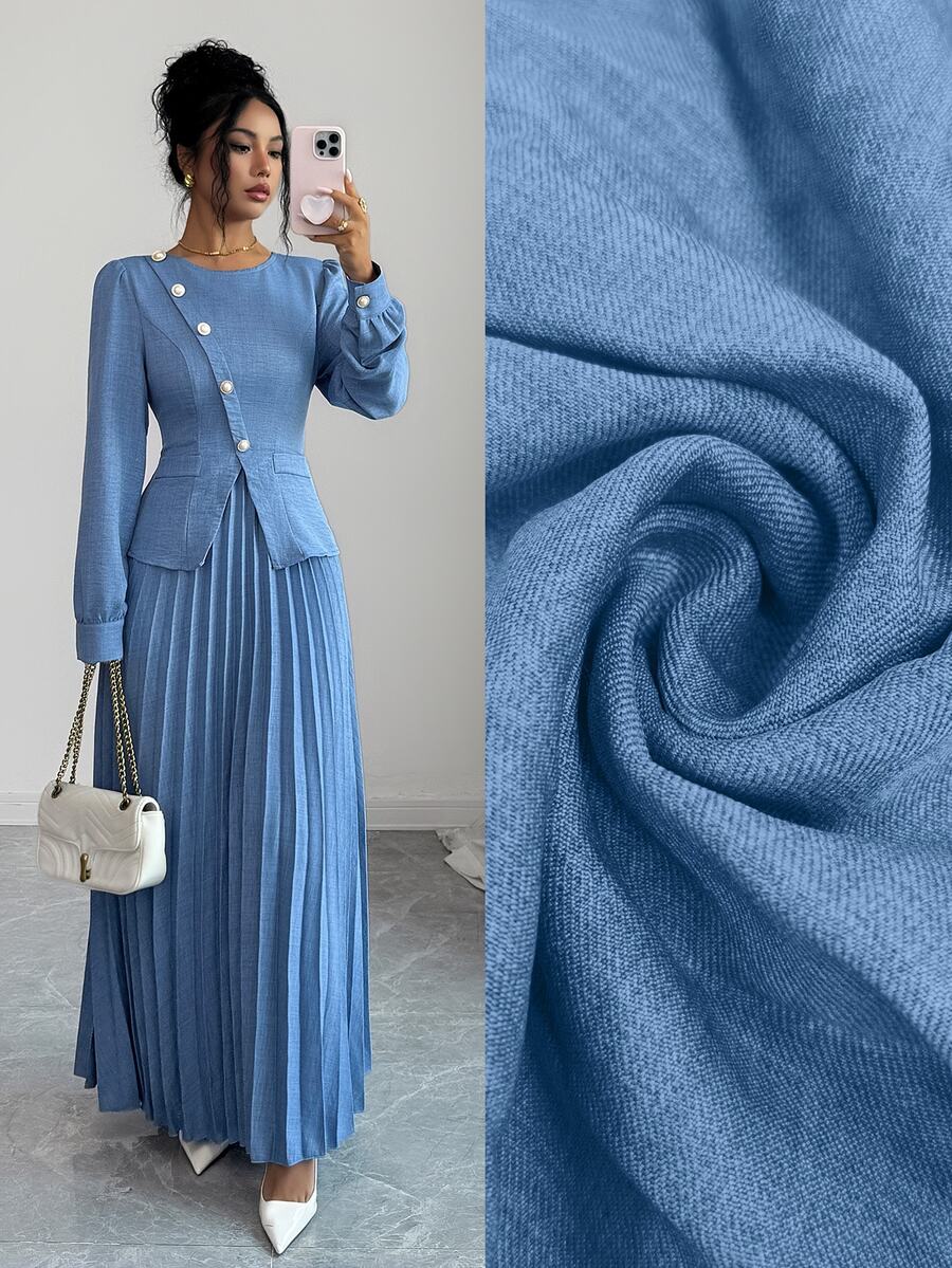 Elenzga Gaun Panjang Lipit Wanita Model Slim Fit Elegan Vintage dengan Kancing Diagonal dan Hiasan Mutiara, Cocok untuk Musim Semi/Gugur - Biru - View 1