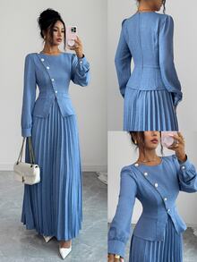 Elenzga Gaun Panjang Lipit Wanita Model Slim Fit Elegan Vintage dengan Kancing Diagonal dan Hiasan Mutiara, Cocok untuk Musim Semi/Gugur - Biru - View 3