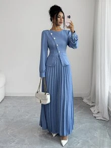 Elenzga Gaun Panjang Lipit Wanita Model Slim Fit Elegan Vintage dengan Kancing Diagonal dan Hiasan Mutiara, Cocok untuk Musim Semi/Gugur - Biru - View 8
