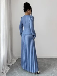 Elenzga Gaun Panjang Lipit Wanita Model Slim Fit Elegan Vintage dengan Kancing Diagonal dan Hiasan Mutiara, Cocok untuk Musim Semi/Gugur - Biru - View 2