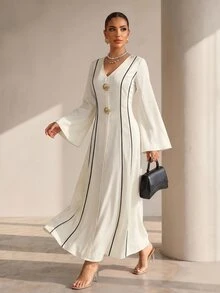 Structelle Contrast Trim V-Neck Long Sleeve Elegant Dress Suitable For Summer Appropriate For Business Casual Occasions For Women Dinner Graduation Off-White - Apricot - View 3