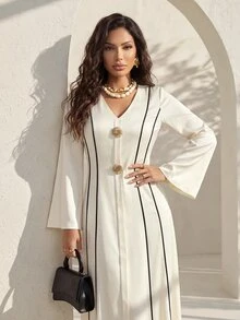 Structelle Contrast Trim V-Neck Long Sleeve Elegant Dress Suitable For Summer Appropriate For Business Casual Occasions For Women Dinner Graduation Off-White - Apricot - View 1