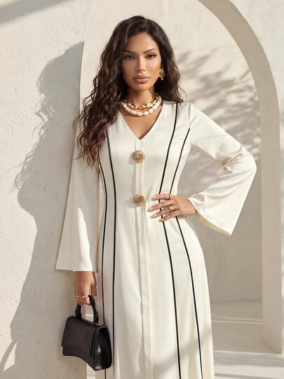 Structelle Contrast Trim V-Neck Long Sleeve Elegant Dress Suitable For Summer Appropriate For Business Casual Occasions For Women Dinner Graduation Off-White