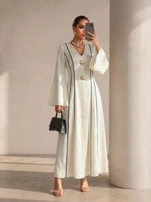 Structelle Contrast Trim V-Neck Long Sleeve Elegant Dress Suitable For Summer Appropriate For Business Casual Occasions For Women Dinner Graduation Off-White - Apricot - View 6