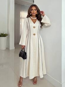 Structelle Contrast Trim V-Neck Long Sleeve Elegant Dress Suitable For Summer Appropriate For Business Casual Occasions For Women Dinner Graduation Off-White - Apricot - View 7