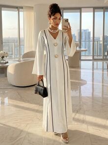 Structelle Contrast Trim V-Neck Long Sleeve Elegant Dress Suitable For Summer Appropriate For Business Casual Occasions For Women Dinner Graduation Off-White - Apricot - View 5