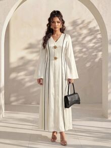 Structelle Contrast Trim V-Neck Long Sleeve Elegant Dress Suitable For Summer Appropriate For Business Casual Occasions For Women Dinner Graduation Off-White - Apricot - View 4