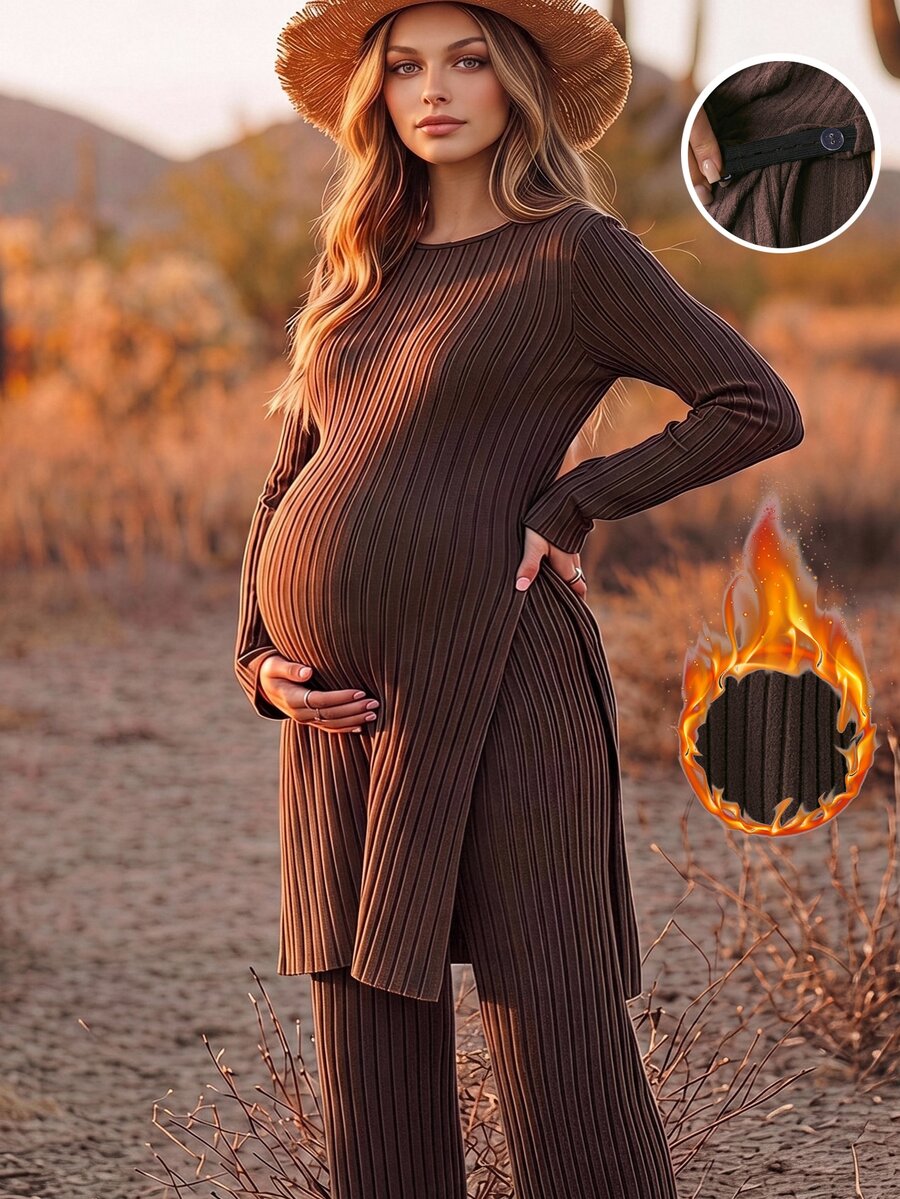 Boho Mama Maternity Two-Piece Set: Ribbed Crew-Neck Long Top With High Side Slits & Adjustable-Waist Trousers (Rustic Western Style For Autumn) - Brown - View 1