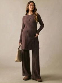 Boho Mama Maternity Two-Piece Set: Ribbed Crew-Neck Long Top With High Side Slits & Adjustable-Waist Trousers (Rustic Western Style For Autumn) - Brown - View 7