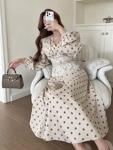 Feyla 女款法式浪漫波點印花蕾絲拼接抓皺腰身洋裝 - 卡其色 - 查看 6