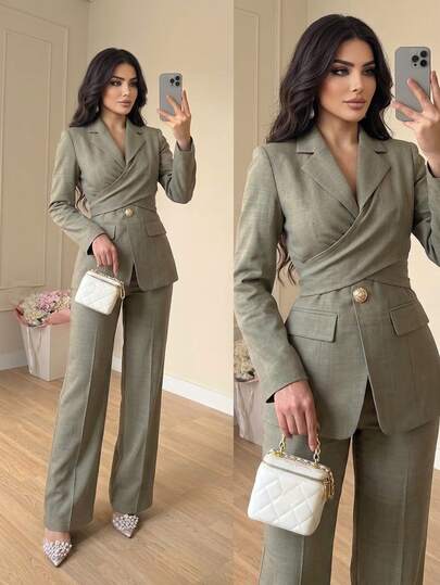 Feyla New Design Niche French Style Cinched Waist Wrap Tie Slimming Flared Long Pants Daily Commute Versatile Elegant Light Green Suit Set