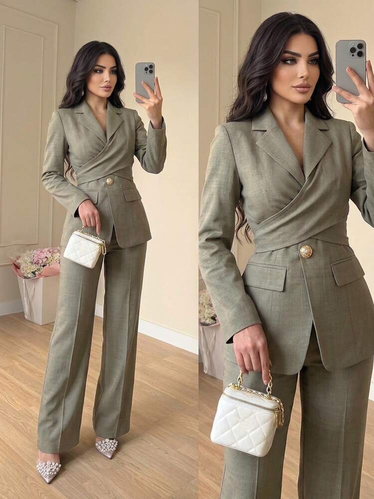 Feyla New Design Niche French Style Cinched Waist Wrap Tie Slimming Flared Long Pants Daily Commute Versatile Elegant Light Green Suit Set - Green - View 1