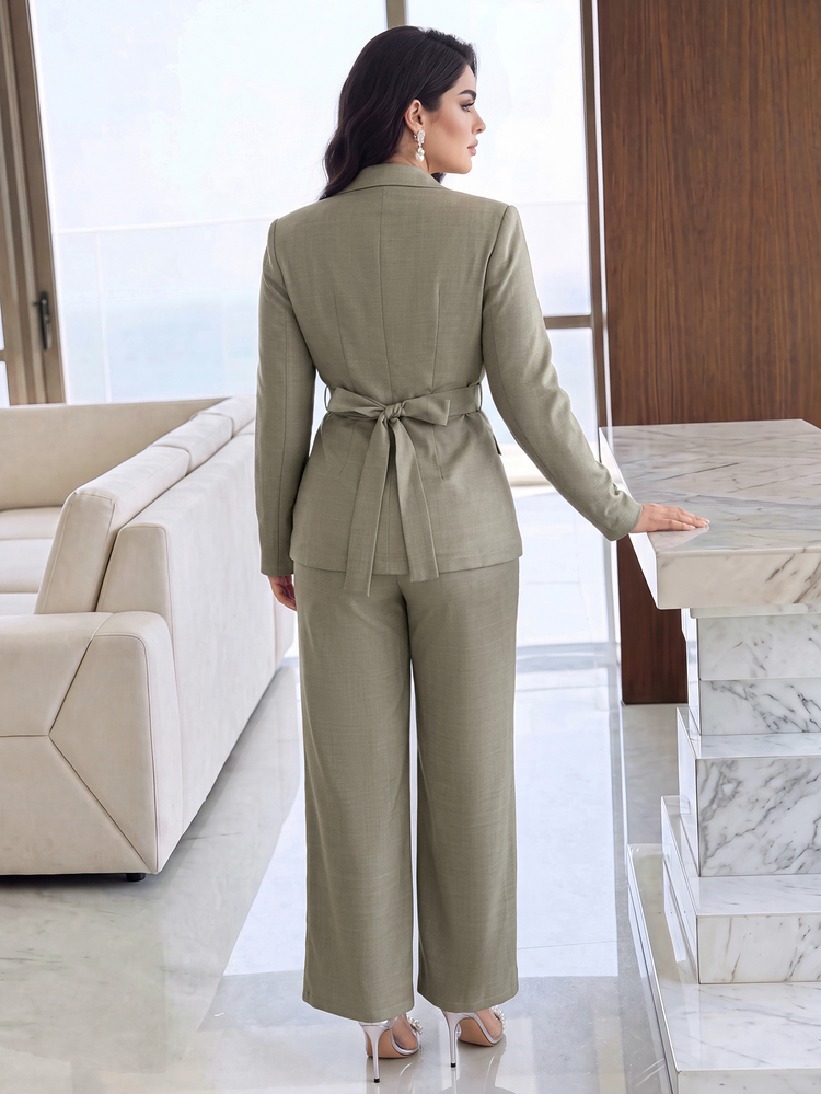 Feyla New Design Niche French Style Cinched Waist Wrap Tie Slimming Flared Long Pants Daily Commute Versatile Elegant Light Green Suit Set - Green - View 7