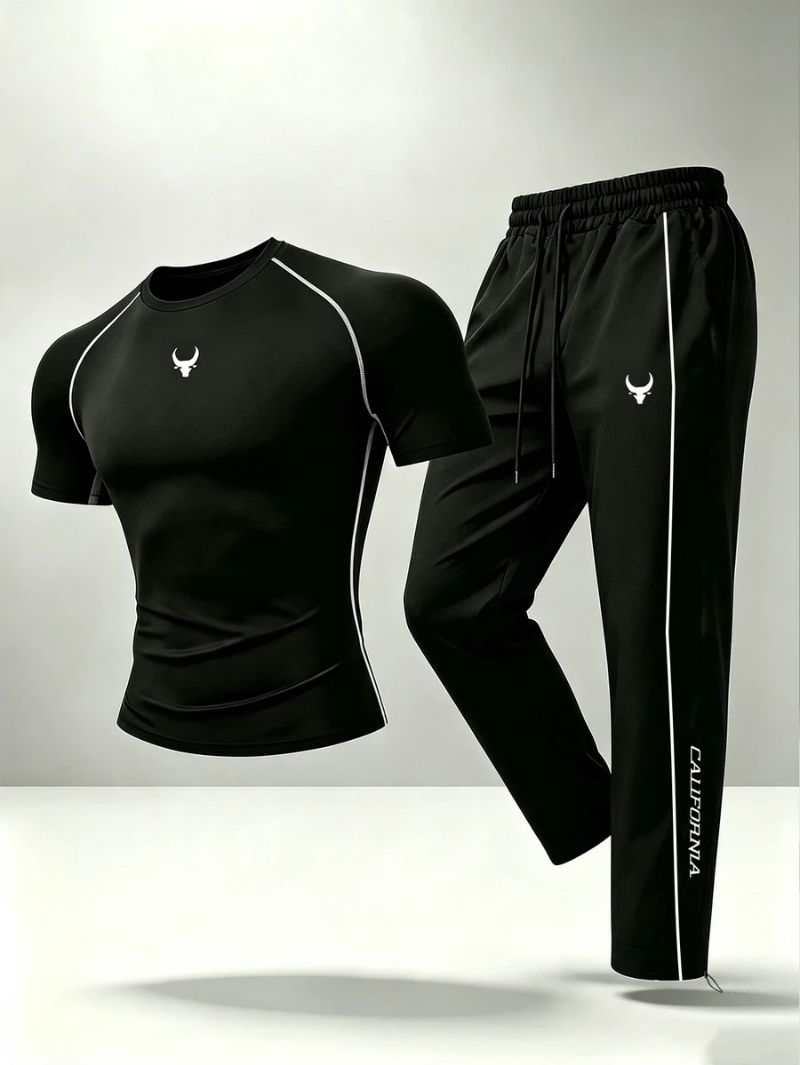 Gym Rark Men's Bull Head Print Colorblock Short Sleeve Top And Drawstring Waist Long Pants Casual Daily Sports Set - Black - View 1