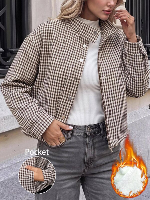 SHEIN Clasi Giacca invernale elegante a quadri con fodera termica e tasche per uso quotidiano, taglie forti da donna