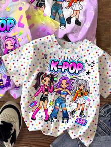 少女 K-Pop 超級明星卡通女團印花圓領短袖 T 恤，適合春夏穿著 - 彩色 - 查看 4