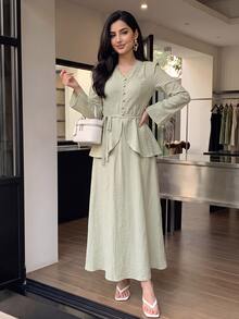 Solavon Women's Contrast Lace V-Neck Long Sleeve Button Design Elegant Arabian Dress - Yellow - View 6