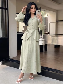 Solavon Women's Contrast Lace V-Neck Long Sleeve Button Design Elegant Arabian Dress - Yellow - View 8