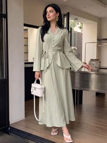 Solavon Women's Contrast Lace V-Neck Long Sleeve Button Design Elegant Arabian Dress - Yellow - View 4