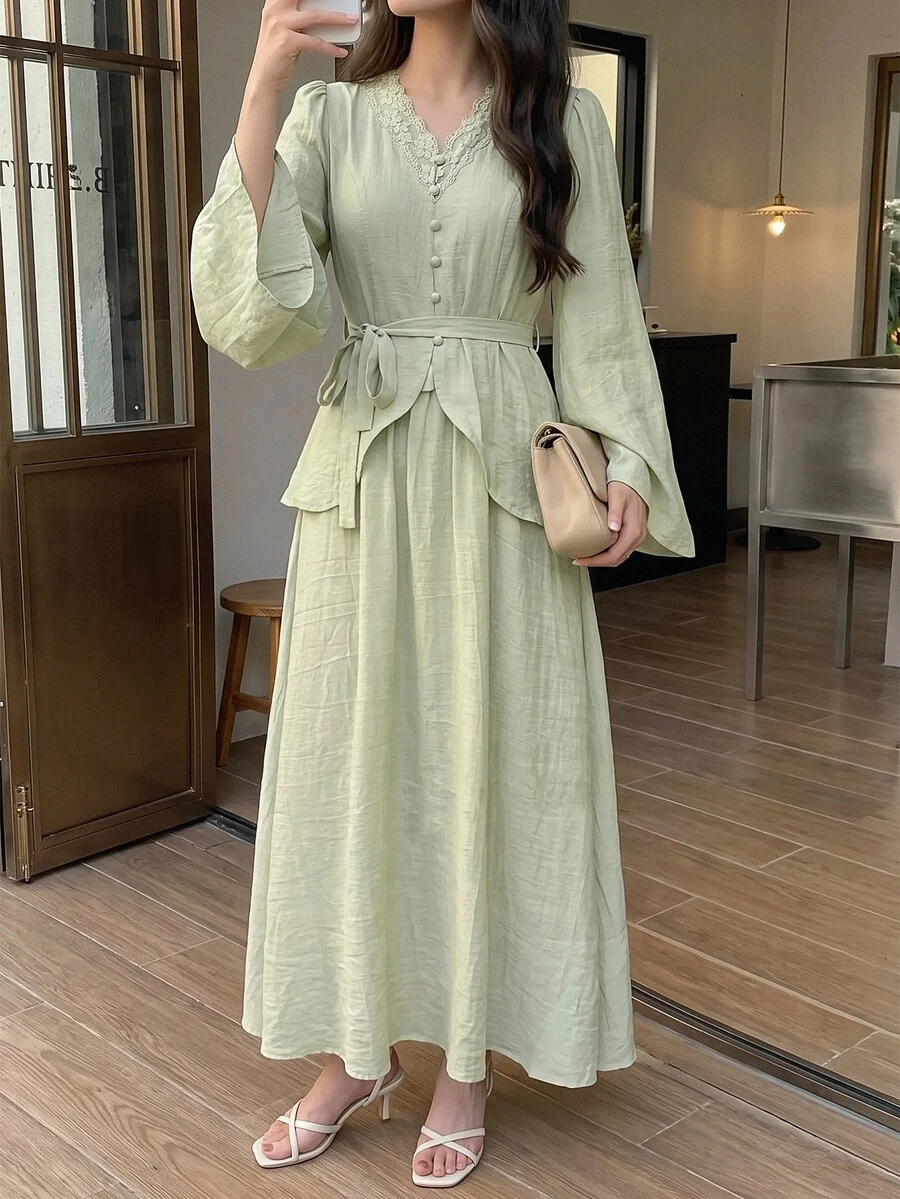 Solavon Women's Contrast Lace V-Neck Long Sleeve Button Design Elegant Arabian Dress - Yellow - View 1