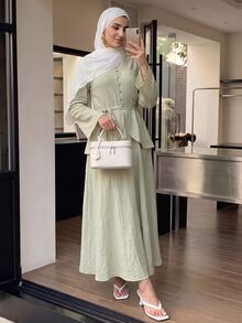 Solavon Women's Contrast Lace V-Neck Long Sleeve Button Design Elegant Arabian Dress - Yellow - View 5