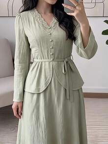 Solavon Women's Contrast Lace V-Neck Long Sleeve Button Design Elegant Arabian Dress - Yellow - View 9