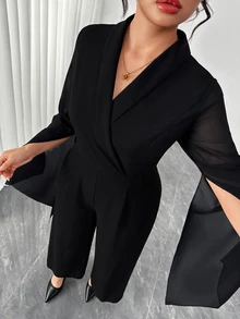Velvienne Jumpsuit Ukuran Besar Model V-Neck dengan Patchwork Jala, Lengan Mengembang, Pinggang Ramping, dan Kaki Lebar - Hitam - View 8
