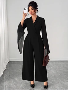 Velvienne Jumpsuit Ukuran Besar Model V-Neck dengan Patchwork Jala, Lengan Mengembang, Pinggang Ramping, dan Kaki Lebar - Hitam - View 4