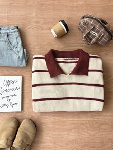 Flirla Women's Casual Everyday College Style Turndown Collar Colorblock Striped Pattern Pullover Sweater, Autumn/Winter - Multicolor - View 3