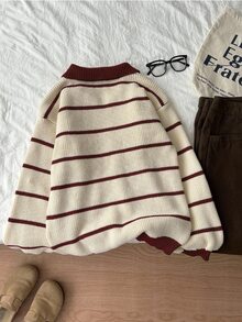 Flirla Women's Casual Everyday College Style Turndown Collar Colorblock Striped Pattern Pullover Sweater, Autumn/Winter - Multicolor - View 2