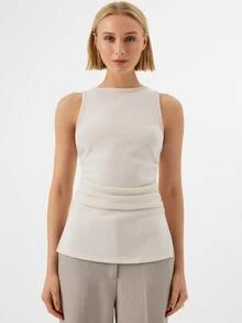 KÆRIA Hus 無袖船領抓皺不對稱上衣 羅紋 暖白色 修身抓皺不對稱背心 日常白天夏季休閒 - 白色 - 查看 1