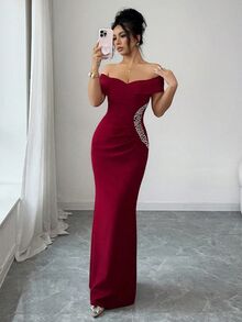 Elenzga 露肩褶皱美人鱼裙摆不对称钻石装饰优雅浪漫精致女士连衣裙 - 酒紅色 - 查看 7