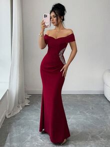 Elenzga 露肩褶皱美人鱼裙摆不对称钻石装饰优雅浪漫精致女士连衣裙 - 酒紅色 - 查看 6