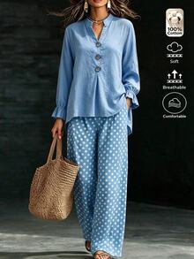 Omancia Women's Boho Two‑Piece Outfit, Light Blue Stand Collar Button Top, Elastic Waist Polka Dot Wide Leg Cotton Pants, For Autumn Vacation Daily Wear - Baby Blue - View 3