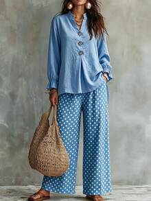 Omancia Women's Boho Two‑Piece Outfit, Light Blue Stand Collar Button Top, Elastic Waist Polka Dot Wide Leg Cotton Pants, For Autumn Vacation Daily Wear - Baby Blue - View 6