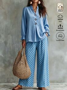 Omancia Women's Boho Two‑Piece Outfit, Light Blue Stand Collar Button Top, Elastic Waist Polka Dot Wide Leg Cotton Pants, For Autumn Vacation Daily Wear - Baby Blue - View 5