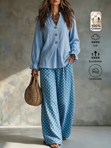 Omancia Women's Boho Two‑Piece Outfit, Light Blue Stand Collar Button Top, Elastic Waist Polka Dot Wide Leg Cotton Pants, For Autumn Vacation Daily Wear - Baby Blue - View 4