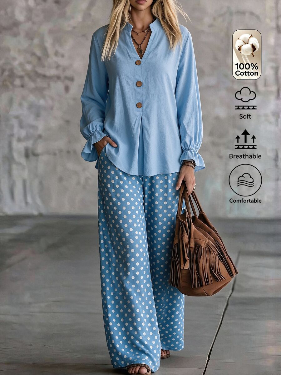 Omancia Women's Boho Two‑Piece Outfit, Light Blue Stand Collar Button Top, Elastic Waist Polka Dot Wide Leg Cotton Pants, For Autumn Vacation Daily Wear - Baby Blue - View 1