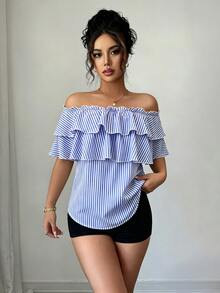Elenzga Women's Striped Ruffle Off-Shoulder Fashion Blouse - Blue - View 3