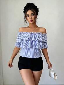 Elenzga Women's Striped Ruffle Off-Shoulder Fashion Blouse - Blue - View 5