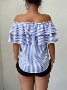 Elenzga Women's Striped Ruffle Off-Shoulder Fashion Blouse - Blue - View 2