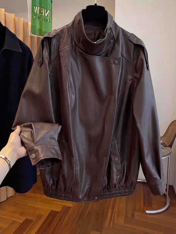 SHEIN Clasi 플러스 사이즈 여성용 우아한 PU 가죽 스탠드 칼라 재킷, 포켓 포함, 다용도 캐주얼 아우터웨어