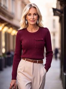 SHEIN Sweater Rajut Kerah Bulat dengan Kantong, Formal Musim Gugur/Musim Dingin Warna Burgundy Elegan Kasual - Burgundy - View 3