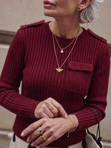 SHEIN Sweater Rajut Kerah Bulat dengan Kantong, Formal Musim Gugur/Musim Dingin Warna Burgundy Elegan Kasual - Burgundy - View 1