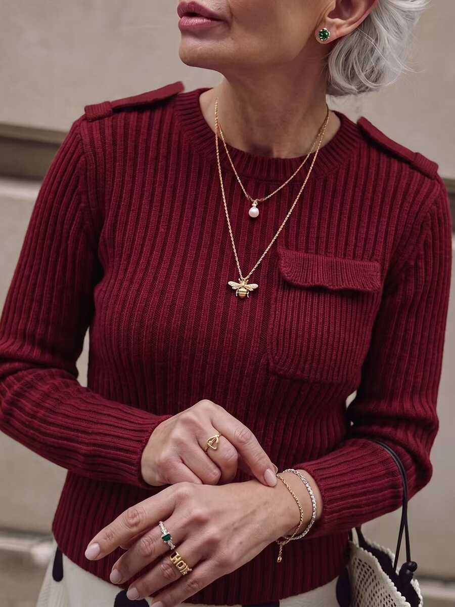 SHEIN Sweater Rajut Kerah Bulat dengan Kantong, Formal Musim Gugur/Musim Dingin Warna Burgundy Elegan Kasual - Burgundy - View 1