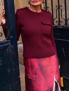 SHEIN Sweater Rajut Kerah Bulat dengan Kantong, Formal Musim Gugur/Musim Dingin Warna Burgundy Elegan Kasual - Burgundy - View 4
